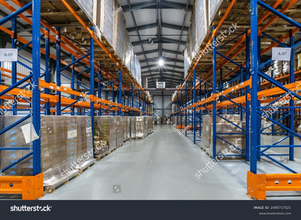 Warehouse with blue and orange shelves. A warehouse and shelving are some infrastructure required with order fulfillment