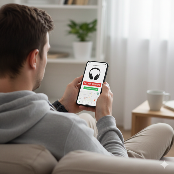 A man looking at his phone and seeing headphones are out for delivery. Order tracking is essential for last-mile fulfillment
