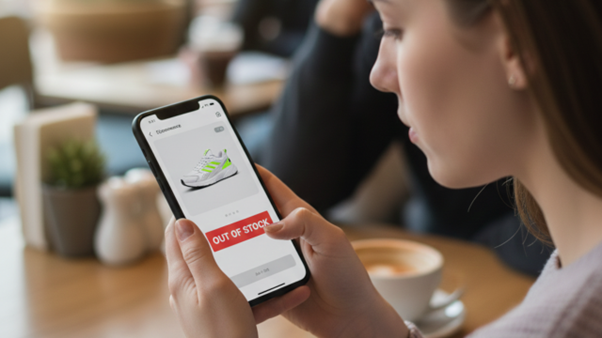 Lady seeing an 'Out Of Stock' online listing for a sneaker shoe. Omnichannel fulfillment has a consolidated inventory across sales channels, decreasing the likelihood of one channel being out of stock of a particular item.